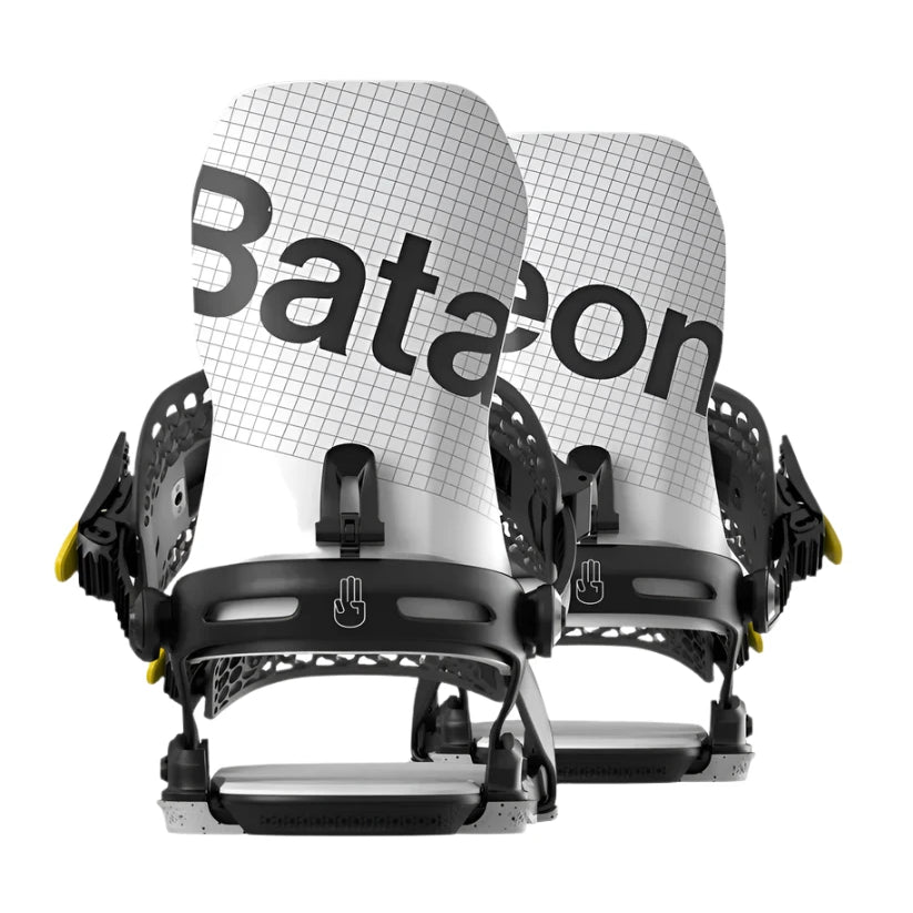 Bataleon Blaster Asymwrap Snowboard Bindings 2025 - A pair of black bindings with yellow buckles and a grid pattern on the straps.