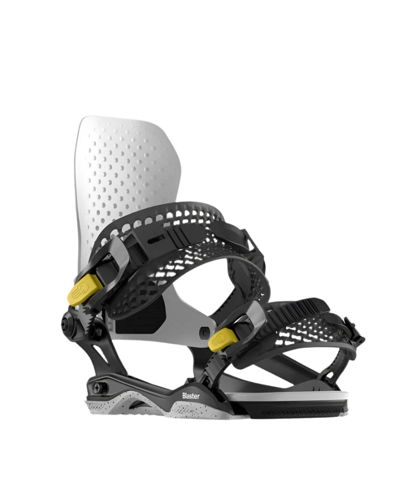 Bataleon Blaster Asymwrap Snowboard Bindings - A black and white snowboard binding with a textured strap and yellow buckles.