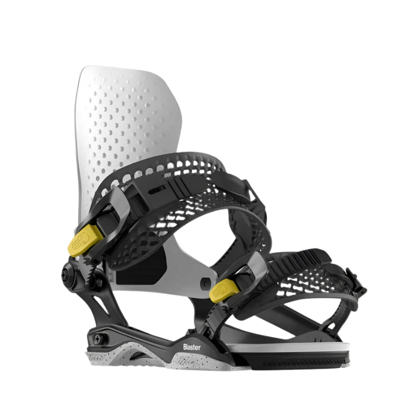 Bataleon Blaster Asymwrap Snowboard Bindings - A black and white snowboard binding with a textured strap and yellow buckles.