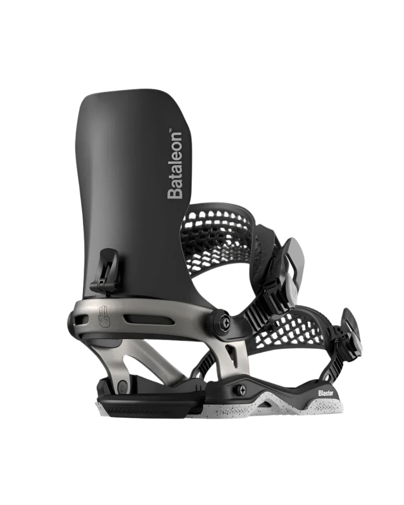 Bataleon Blaster Asymwrap Snowboard Bindings - Black bindings with silver buckles and straps.