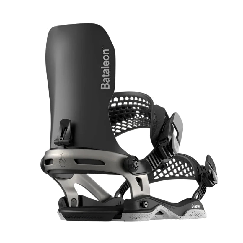 Bataleon Blaster Asymwrap Snowboard Bindings - Black bindings with silver buckles and straps.