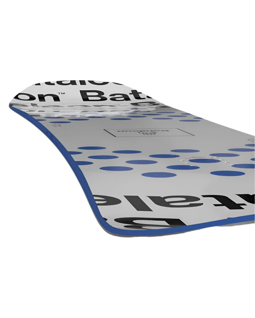 Bataleon Blow Snowboard 2025 - White snowboard with blue accents and black lettering on top.