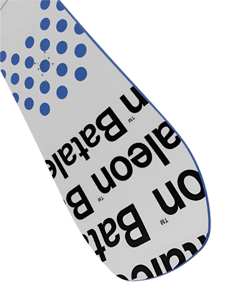 Bataleon Blow Snowboard 2025 - A white snowboard with blue dots and a black logo on top.