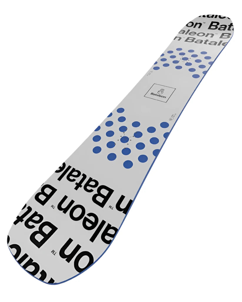 Bataleon Blow Snowboard 2025 - A white snowboard with blue dots and black text, featuring a logo in the center.