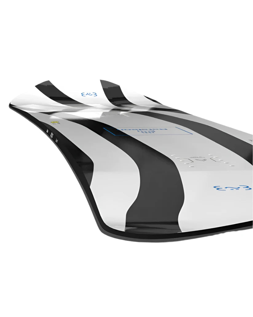 Bataleon Chaser Snowboard 2025 - A white snowboard with a black stripe down the middle and blue writing on top.