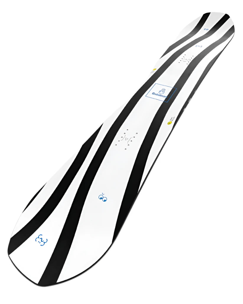 Bataleon Chaser Snowboard 2025 - White snowboard with black stripes and blue logo on top.