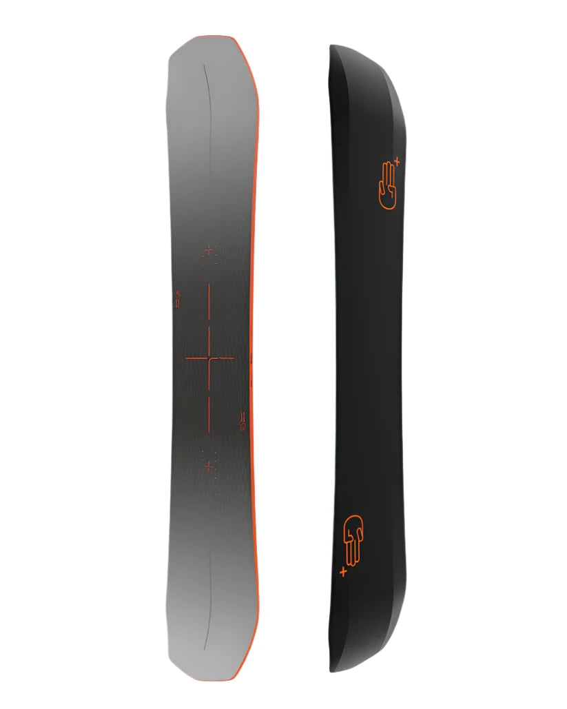 Bataleon Disaster + Snowboard 2025 - A black snowboard with a red outline around its edges and an orange logo on top.