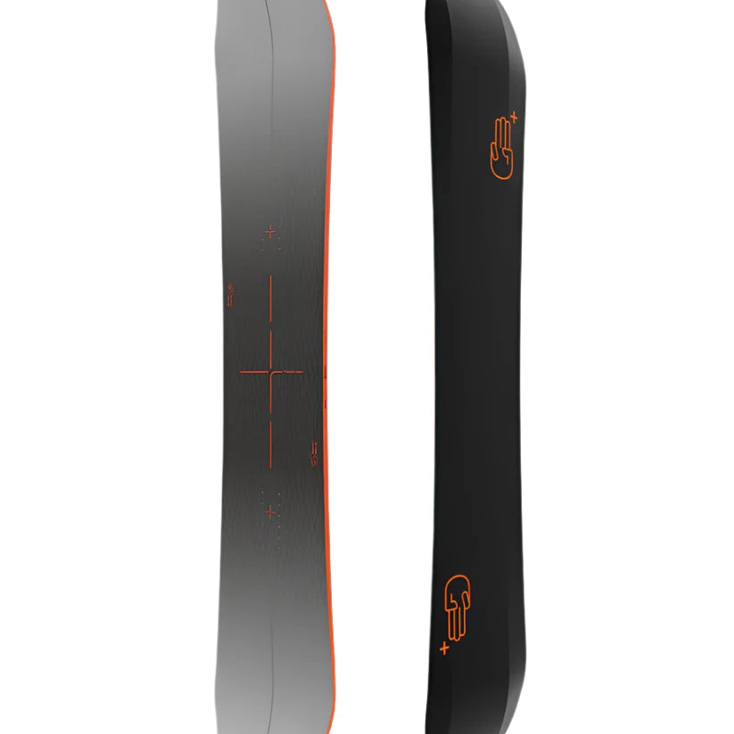 Bataleon Disaster + Snowboard 2025 - A black snowboard with a red outline around its edges and an orange logo on top.