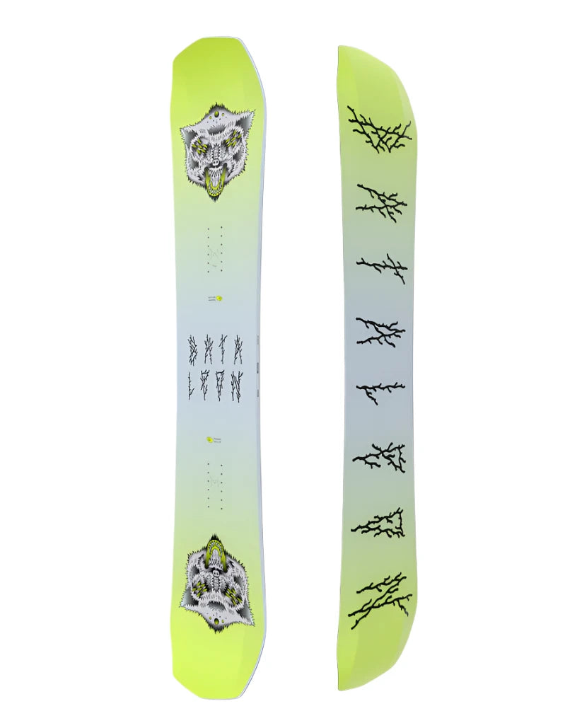 Bataleon Disaster Snowboard 2025 - A light blue snowboard with a white wolf's head graphic at top and bottom, featuring black branches in between.