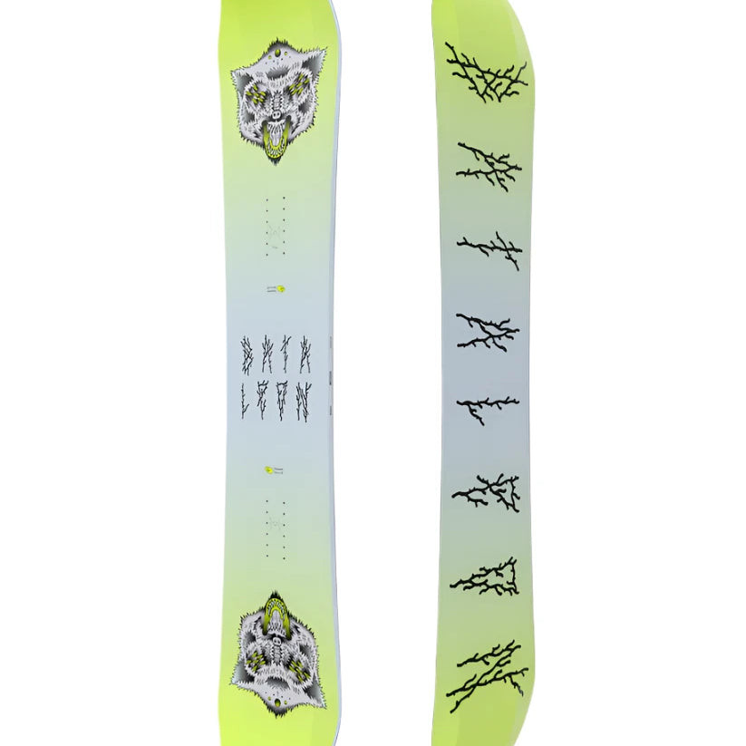 Bataleon Disaster Snowboard 2025 - A light blue snowboard with a white wolf's head graphic at top and bottom, featuring black branches in between.
