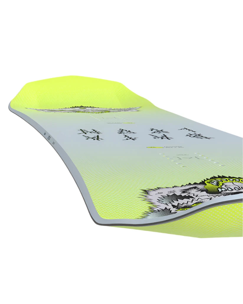 Bataleon Disaster Snowboard 2025 - A snowboard with a gray background and black graphics of mountains, trees, and a sun.