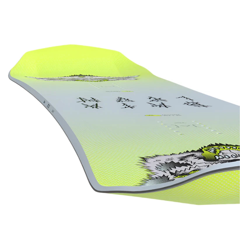 Bataleon Disaster Snowboard 2025 - A snowboard with a gray background and black graphics of mountains, trees, and a sun.