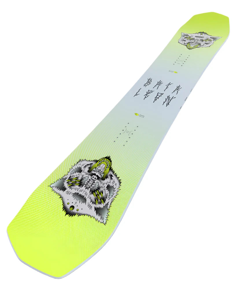Bataleon Disaster Snowboard 2025 - A snowboard with a gray wolf's head graphic on a light blue background.