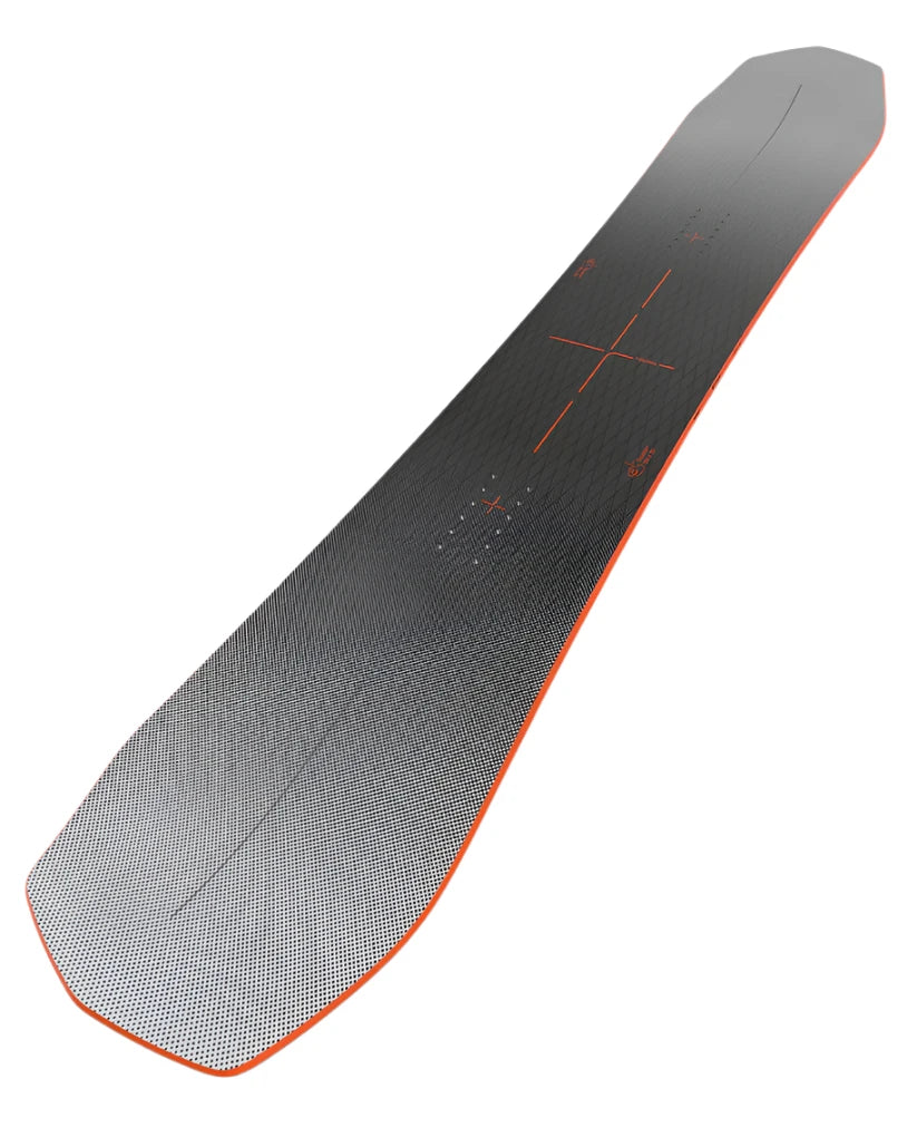 Bataleon Disaster + Snowboard 2025 - A black snowboard with a subtle white pattern and orange accents, viewed from above at an angle.