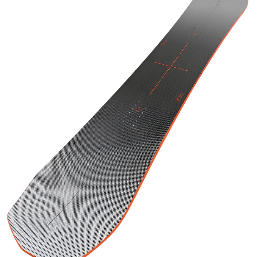 Bataleon Disaster + Snowboard 2025 - A black snowboard with a subtle white pattern and orange accents, viewed from above at an angle.