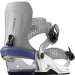 Bataleon Women's Donna HW Binding - A white snowboard binding with a purple strap and black buckles, featuring a distinctive pattern of cutouts on the top plate.