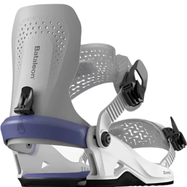 Bataleon Women's Donna HW Binding - A white snowboard binding with a purple strap and black buckles, featuring a distinctive pattern of cutouts on the top plate.