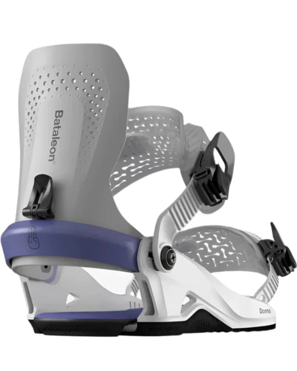 Bataleon Women's Donna HW Binding - A white snowboard binding with a purple strap and black buckles, featuring a distinctive pattern of cutouts on the top plate.