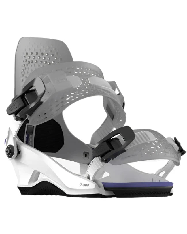 Bataleon Women's Donna HW Binding - A white snowboard binding with a blue stripe on the baseplate, featuring a distinctive "HW" logo in black on the strap.