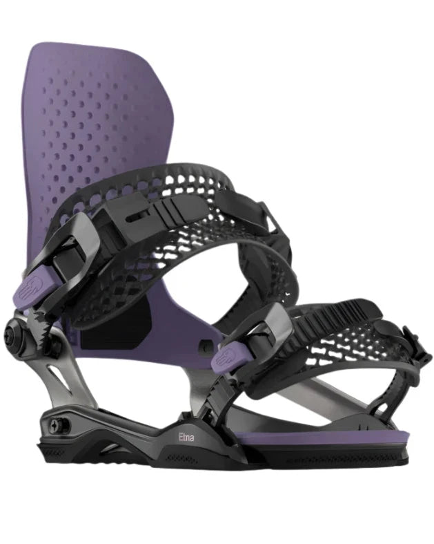 Bataleon Women's Etna VT Snowboard Binding - A purple snowboard binding with a distinctive pattern of holes on its strap and baseplate.