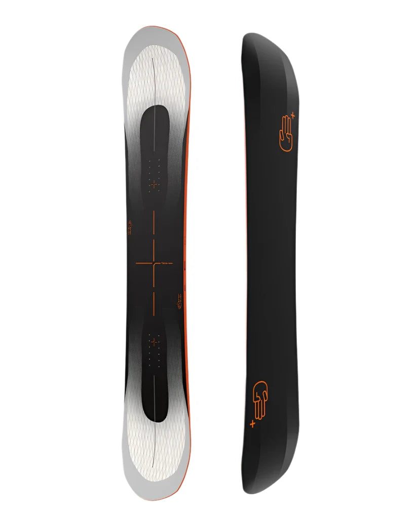 Bataleon Evil Twin + Snowboard 2025 - A black snowboard with a white top sheet and orange accents, featuring a distinctive logo on its bottom edge.