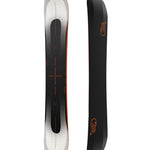 Bataleon Evil Twin + Snowboard 2025 - A black snowboard with a white top sheet and orange accents, featuring a distinctive logo on its bottom edge.
