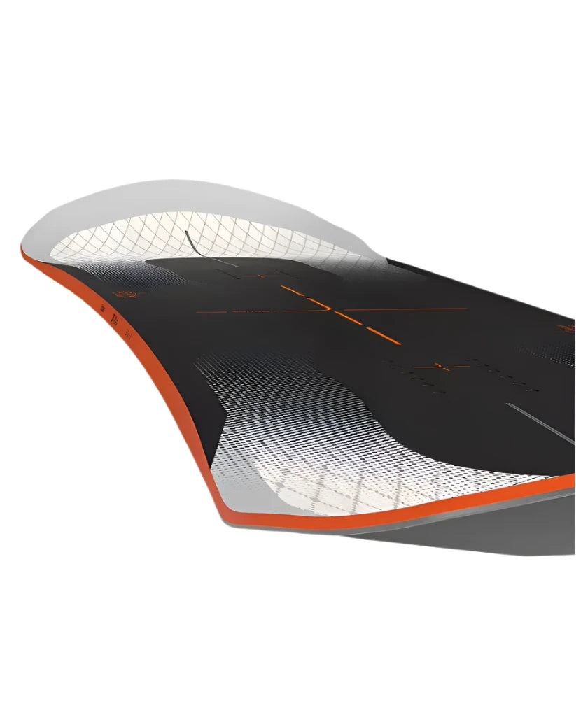 Bataleon Evil Twin - A black snowboard with a white top sheet and orange accents, featuring a grid pattern on its base.