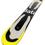 Bataleon Evil Twin Snowboard 2025 - A black snowboard with a white grid pattern on top and yellow edges.