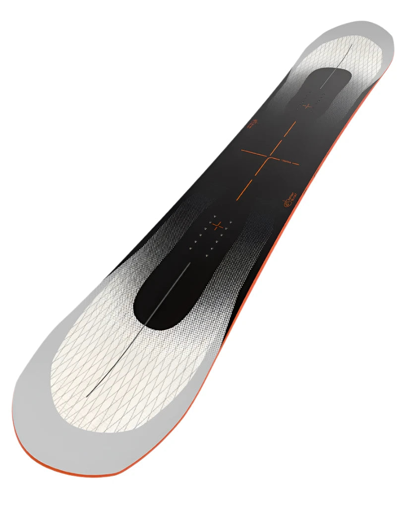 Bataleon Evil Twin - A black snowboard with a white base and orange accents, featuring an oval-shaped cutout in the center of the top surface.