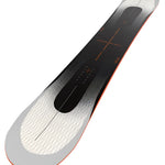 Bataleon Evil Twin - A black snowboard with a white base and orange accents, featuring an oval-shaped cutout in the center of the top surface.