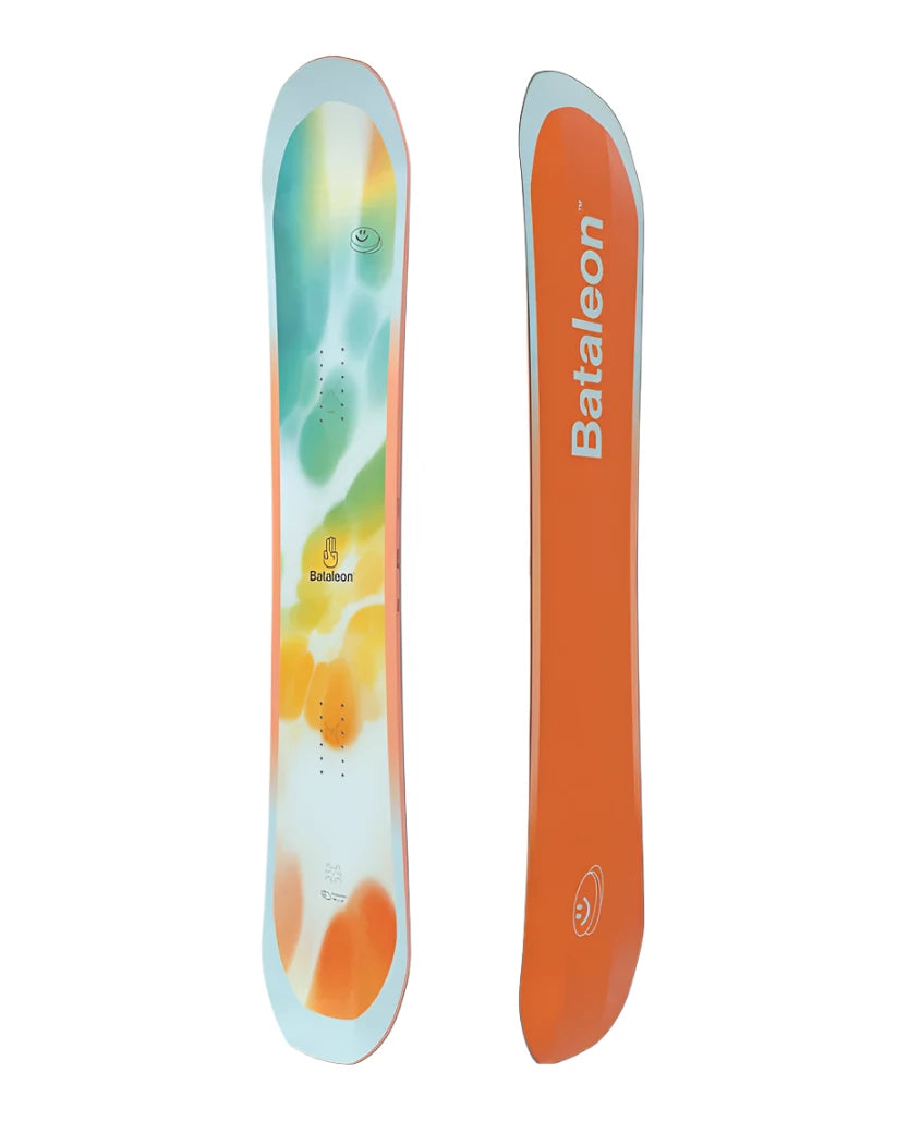 Bataleon Women's Feelbetter Snowboard 2025 - A snowboard with a white base and colorful abstract design featuring green, yellow, orange, and blue hues.
