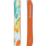 Bataleon Women's Feelbetter Snowboard 2025 - A snowboard with a white base and colorful abstract design featuring green, yellow, orange, and blue hues.