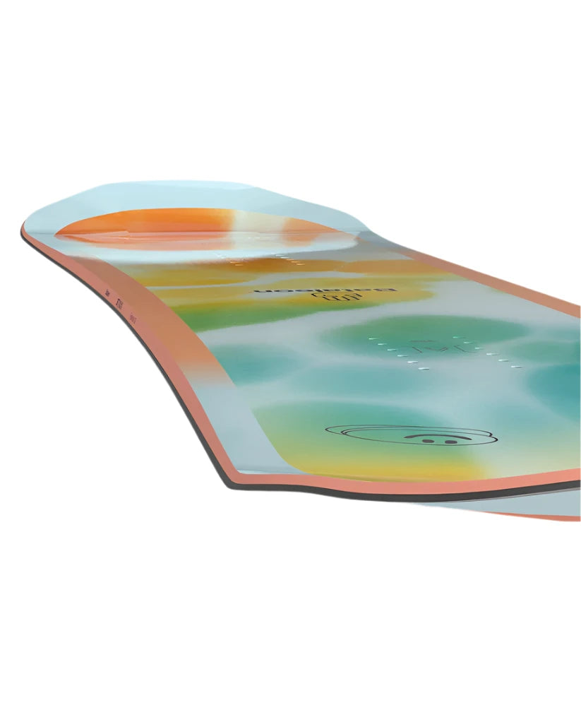 Bataleon Women's Feelbetter Snowboard 2025 - A snowboard with a light blue base and orange accents, featuring a sunset graphic on top.