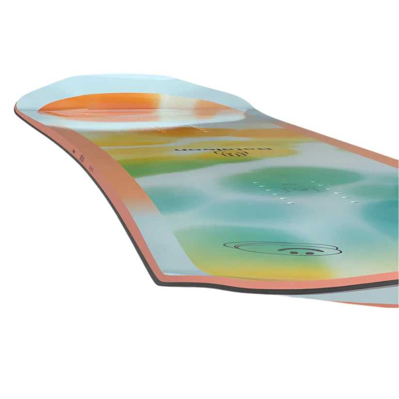 Bataleon Women's Feelbetter Snowboard 2025 - A snowboard with a light blue base and orange accents, featuring a sunset graphic on top.