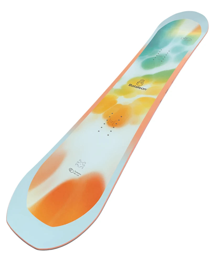 Bataleon Women's Feelbetter Snowboard 2025 - A snowboard with a white base and orange, green, and yellow abstract design on top.