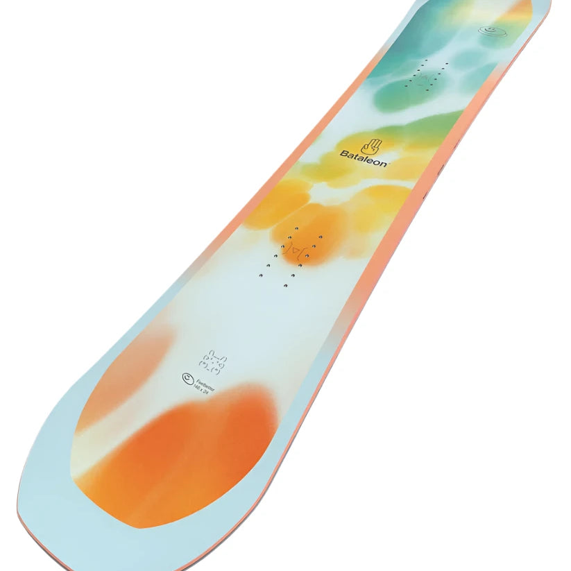 Bataleon Women's Feelbetter Snowboard 2025 - A snowboard with a white base and orange, green, and yellow abstract design on top.