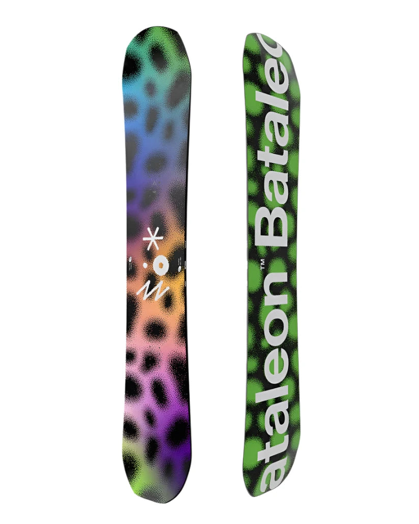 Bataleon Fun Kink Snowboard 2025 - A snowboard with a black base and green spots.