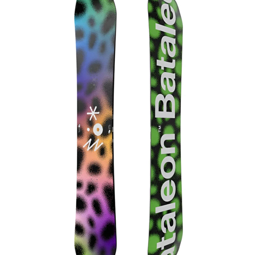 Bataleon Fun Kink Snowboard 2025 - A snowboard with a black base and green spots.