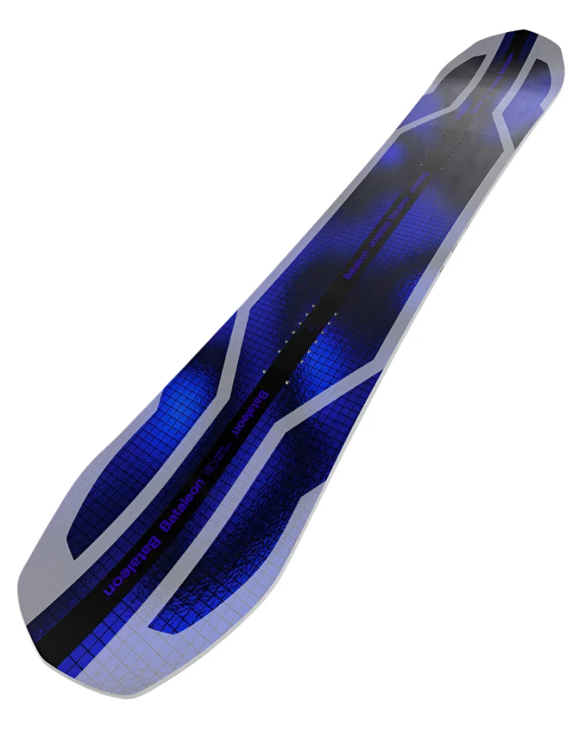 Bataleon Goliath Snowboard 2025 - A blue and black snowboard with a grid pattern on top, featuring white lines and a black stripe down the middle.