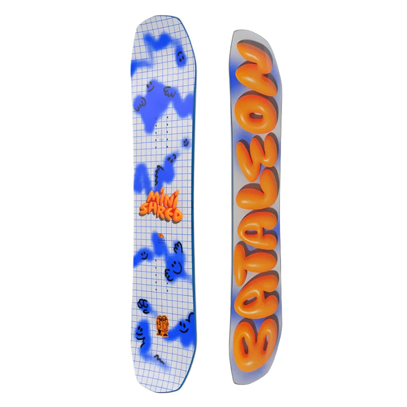 Bataleon Junior's Minishred Snowboard 2025 - A blue and white snowboard with a grid pattern on its top surface, featuring black smiley faces and question marks scattered throughout.