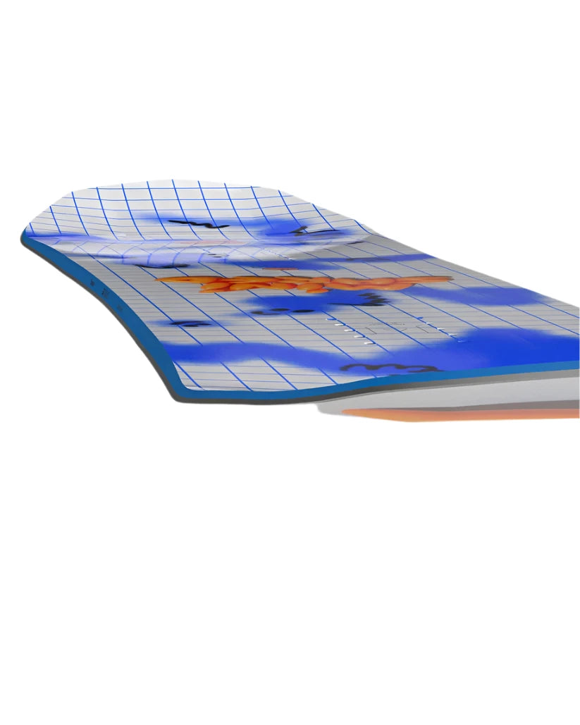 Bataleon Junior's Minishred Snowboard 2025 - A white snowboard with a blue and orange graphic design, featuring a grid pattern on top of a snowy mountain landscape.