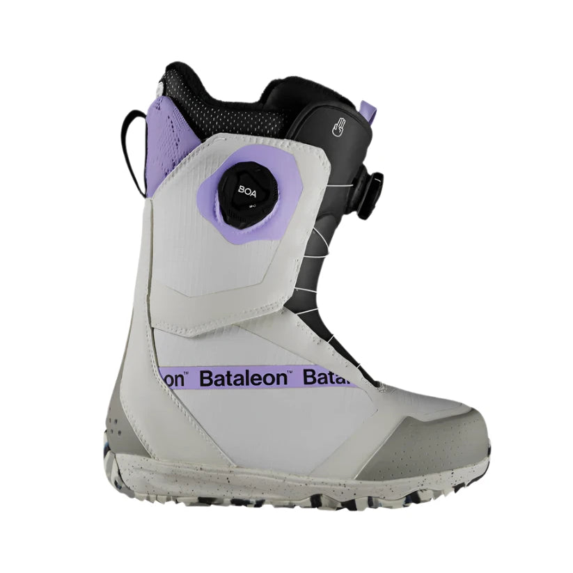 Bataleon Women's Mosh BOA Boot 2025 - A black and purple snowboard boot with a distinctive white logo on the side.