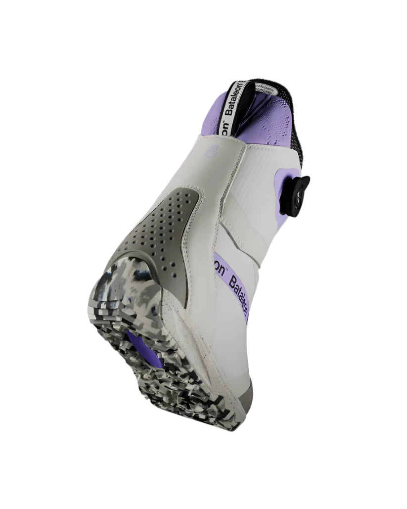 Bataleon Women's Mosh BOA Boot 2025 - A white ski boot with purple accents and a black strap on the back.