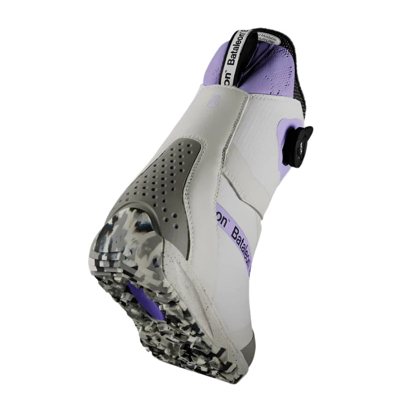 Bataleon Women's Mosh BOA Boot 2025 - A white ski boot with purple accents and a black strap on the back.
