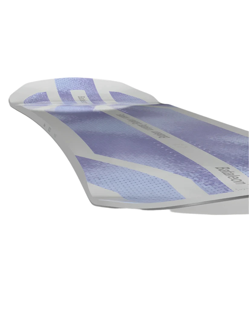 Bataleon Women's Push Up Snowboard 2025 - A snowboard with a light blue base and white accents, featuring a distinctive pattern of darker blue stripes on top.