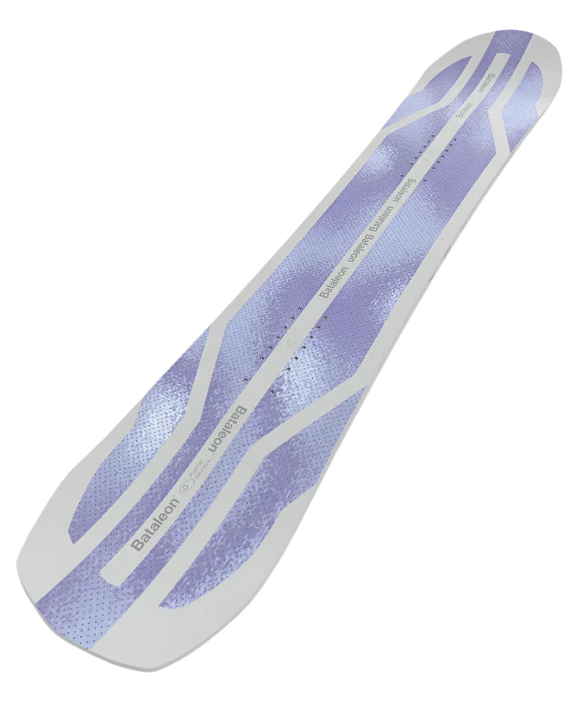 Bataleon Women's Push Up Snowboard 2025 - A snowboard with a light purple and white color scheme, featuring a distinctive pattern of darker purple stripes on its top surface.