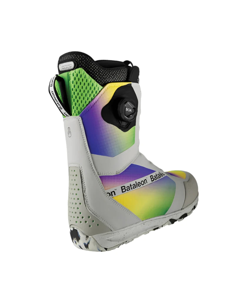 Bataleon Salsa Boa Snowboard Boot 2025 - A snowboard boot with a black BOA dial on top and a green, yellow, blue, and purple gradient pattern on the side.