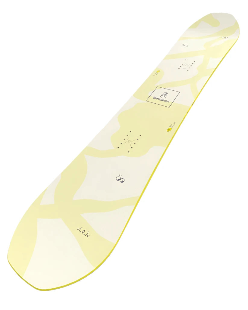 Bataleon Women's Spirit Snowboard 2025 - A white snowboard with a yellow abstract pattern and black lettering.