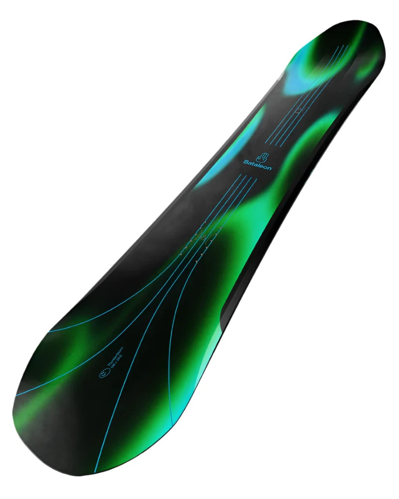Bataleon Thunderstorm Snowboard 2025 - A black snowboard with a green and blue aurora borealis design on top.