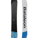 Bataleon Whatever Snowboard 2025 - A black snowboard with a blue and yellow patterned section at the bottom tip.